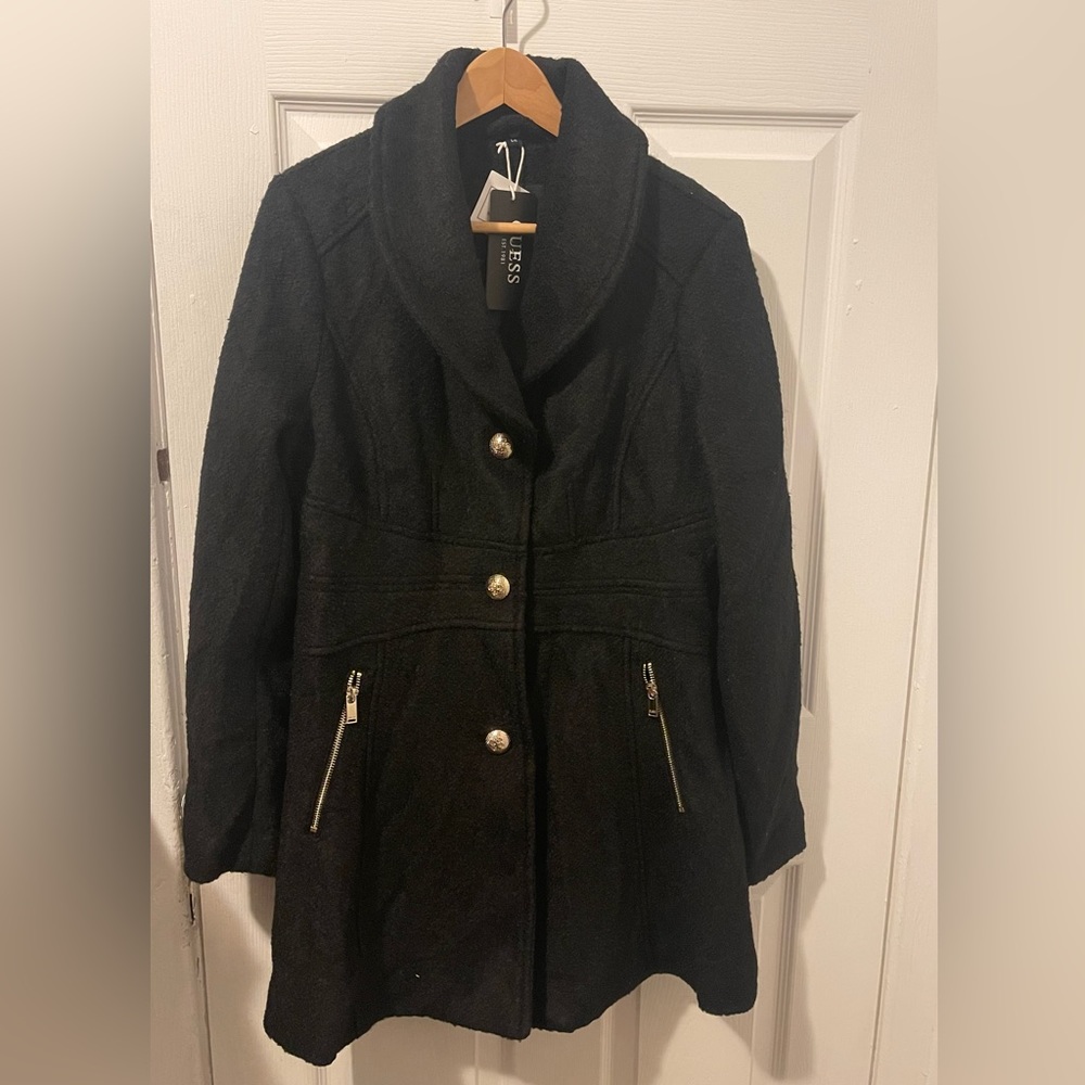 Women’s Guess black size large wool  blend coat. Missing fur for collar.